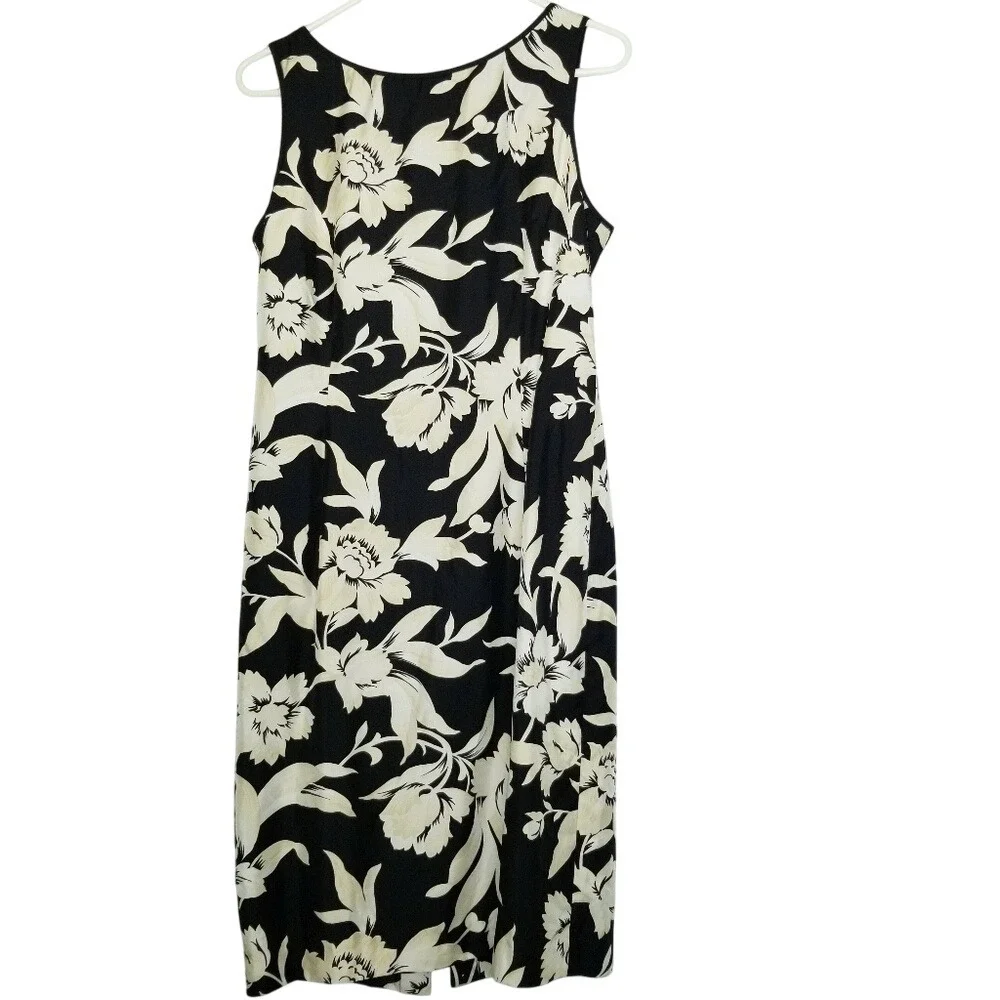 Ann Taylor Floral Silk Sleeveless Dress Black Ivory Midi Women's Size 10 90S‎